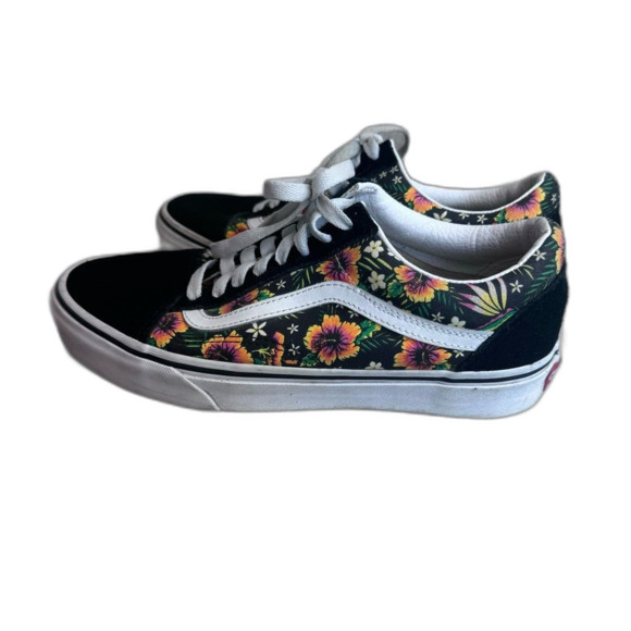 Vans Old Skool Black Suede Tropical Floral Size 9 Womens 7.5 Mens Hawaiian Print - Picture 1 of 13